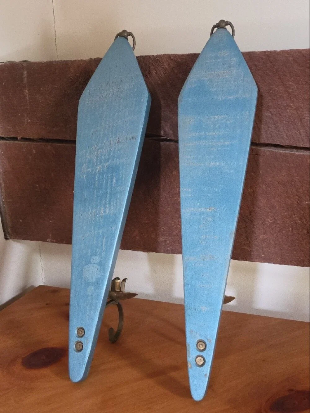 Set Of Mid- Century Vintage Blue Wooden Wall Sconce with Brass Candle Holders